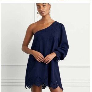 Hill House Dress Women Small Navy Linen Blend Eyelet The Mila One Shoulder